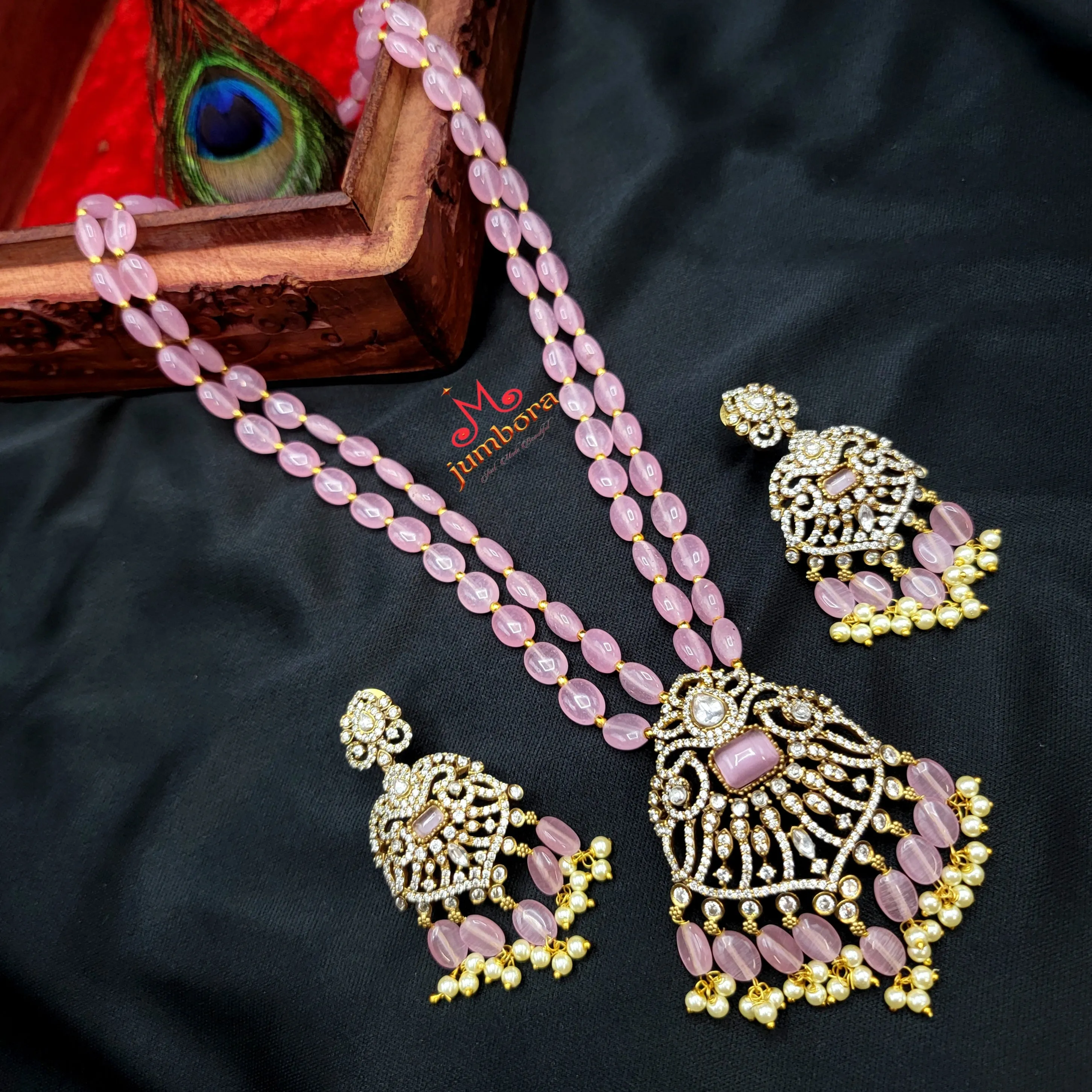 Long AD Zircon Victorian Pendant with Pink Monalisa Beads Necklace Set