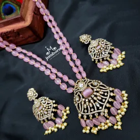 Long AD Zircon Victorian Pendant with Pink Monalisa Beads Necklace Set