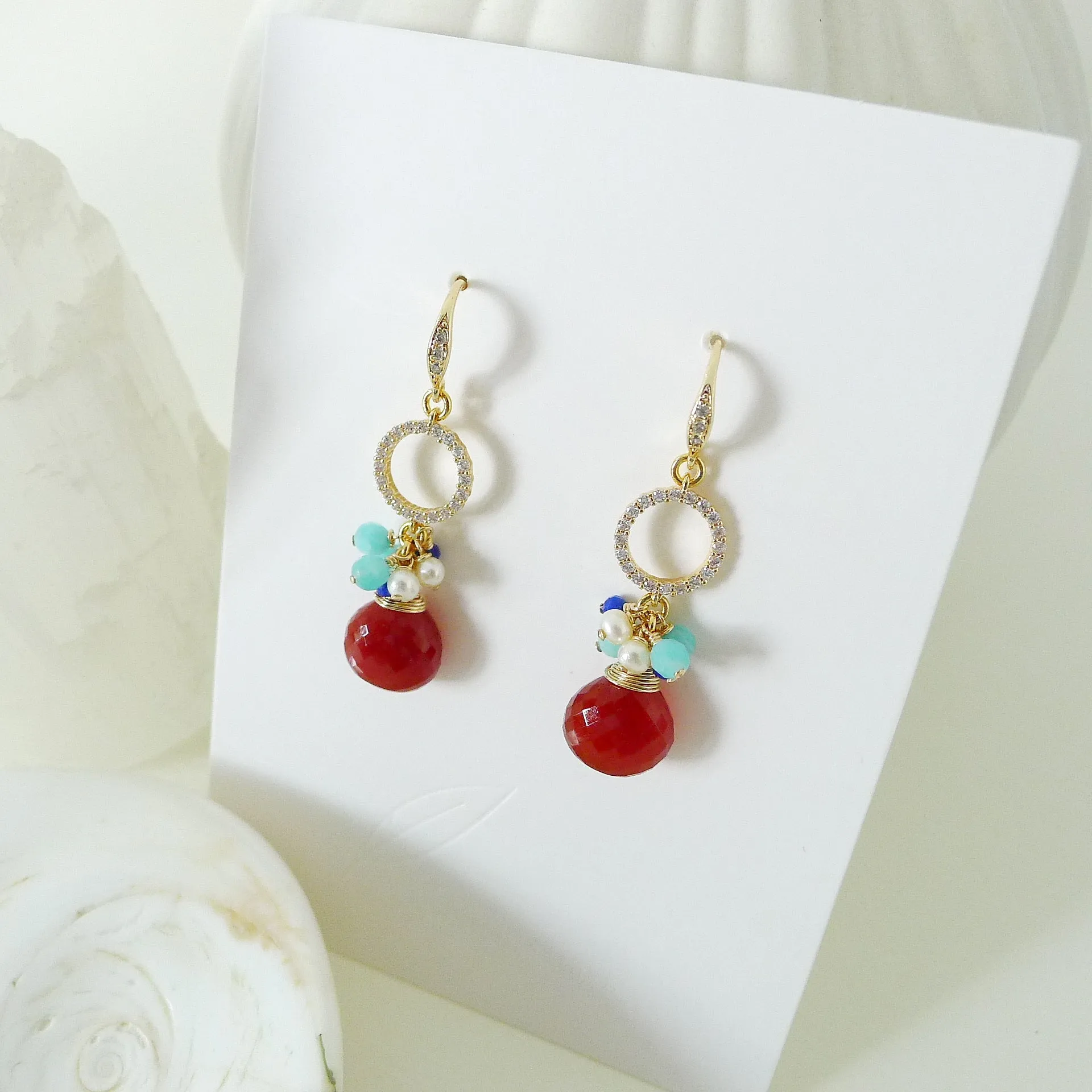 Meera Earrings / Carnelian / Freshwater Pearl / Gemstones