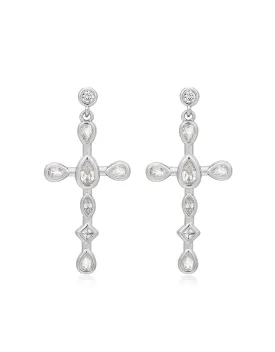 Mini Bezel Stone Cross Studs- Silver