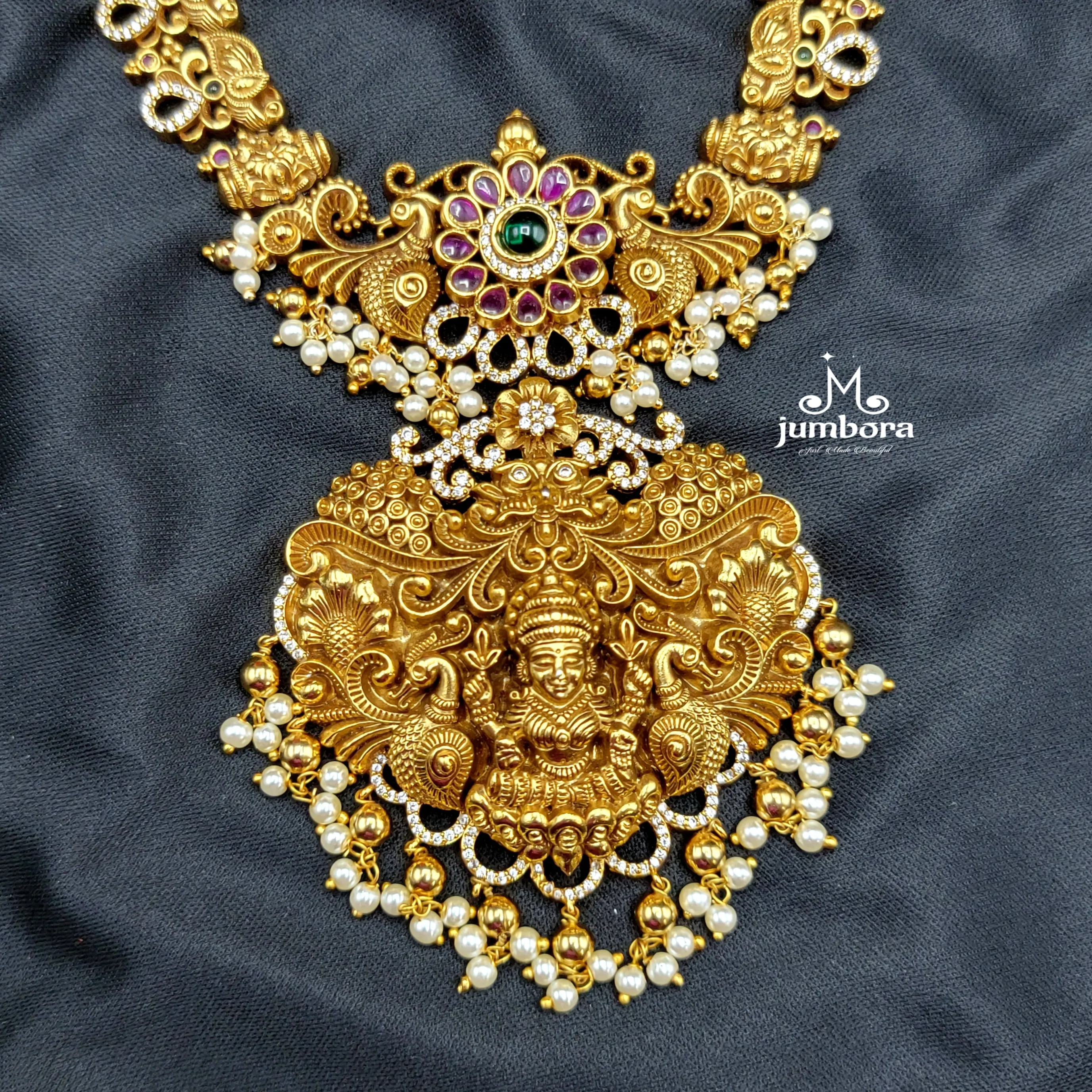 Nakshi Kemp Zircon AD Peacock Lakshmi Necklace in Temple Jewelry