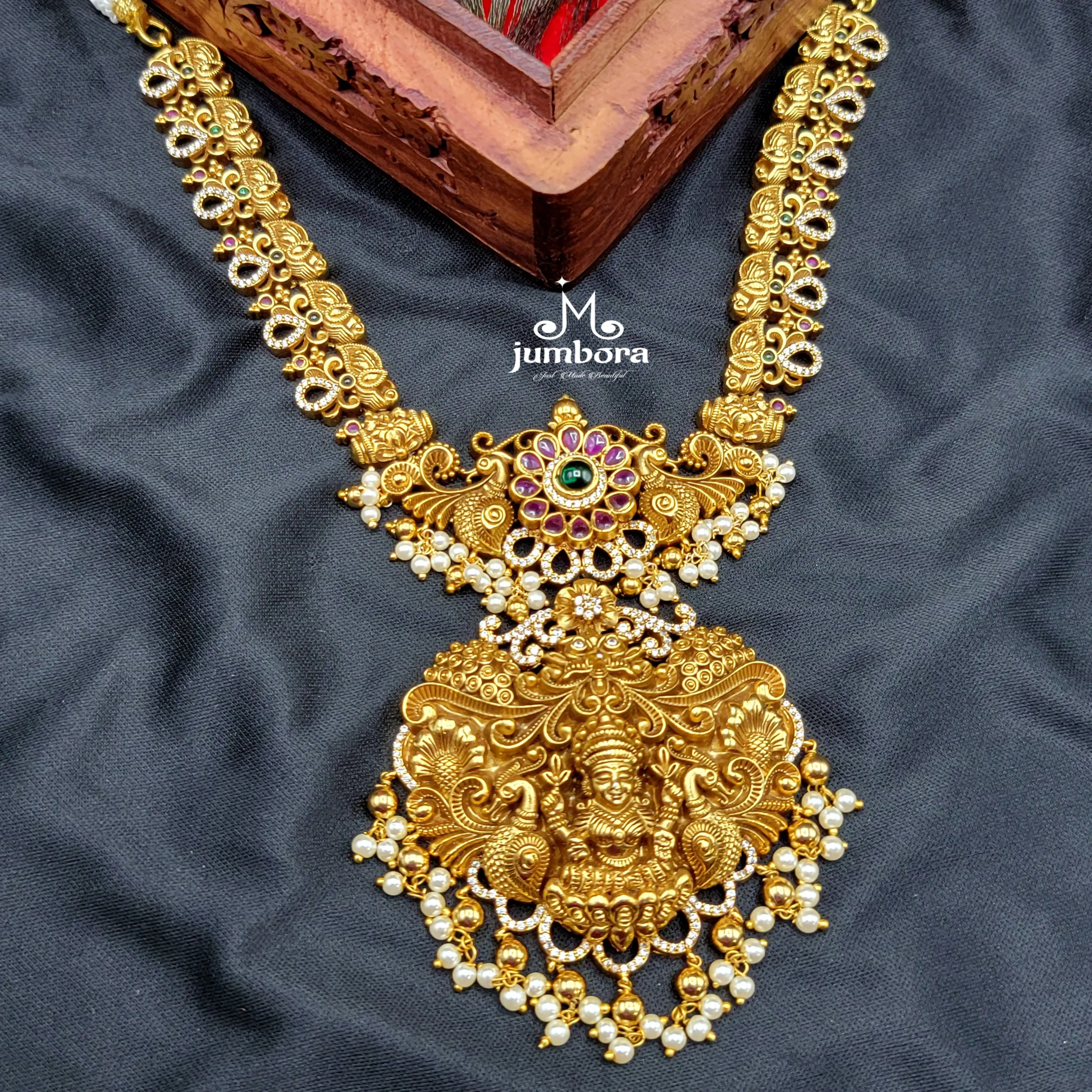 Nakshi Kemp Zircon AD Peacock Lakshmi Necklace in Temple Jewelry