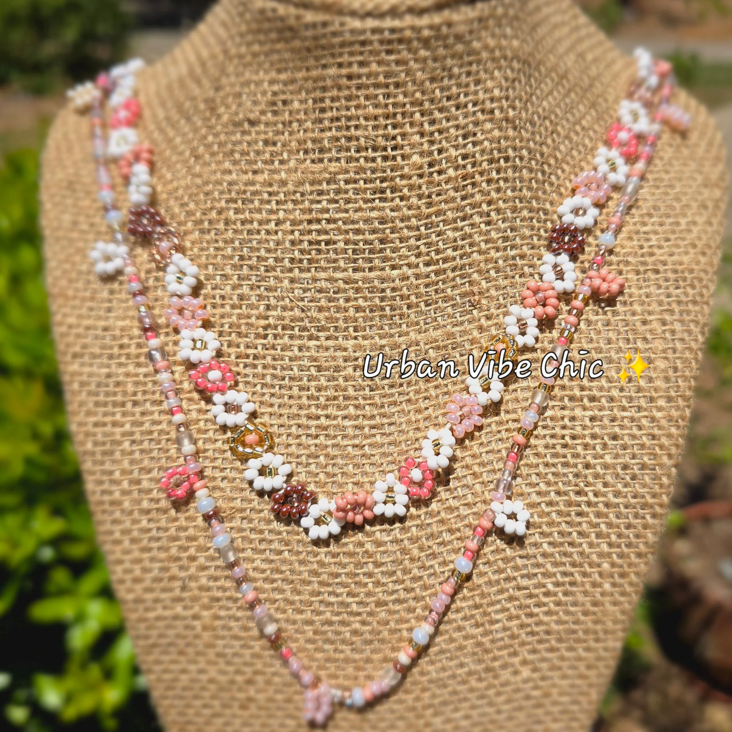 Nude Pink & Brown & White Daisy Beaded Necklace |Flower Bead Bead Necklace | Urban Vibe Chic | Seed Bead Jewelry