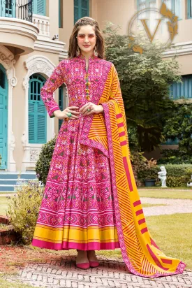 Pink Designer Gown With Digital Patola Print