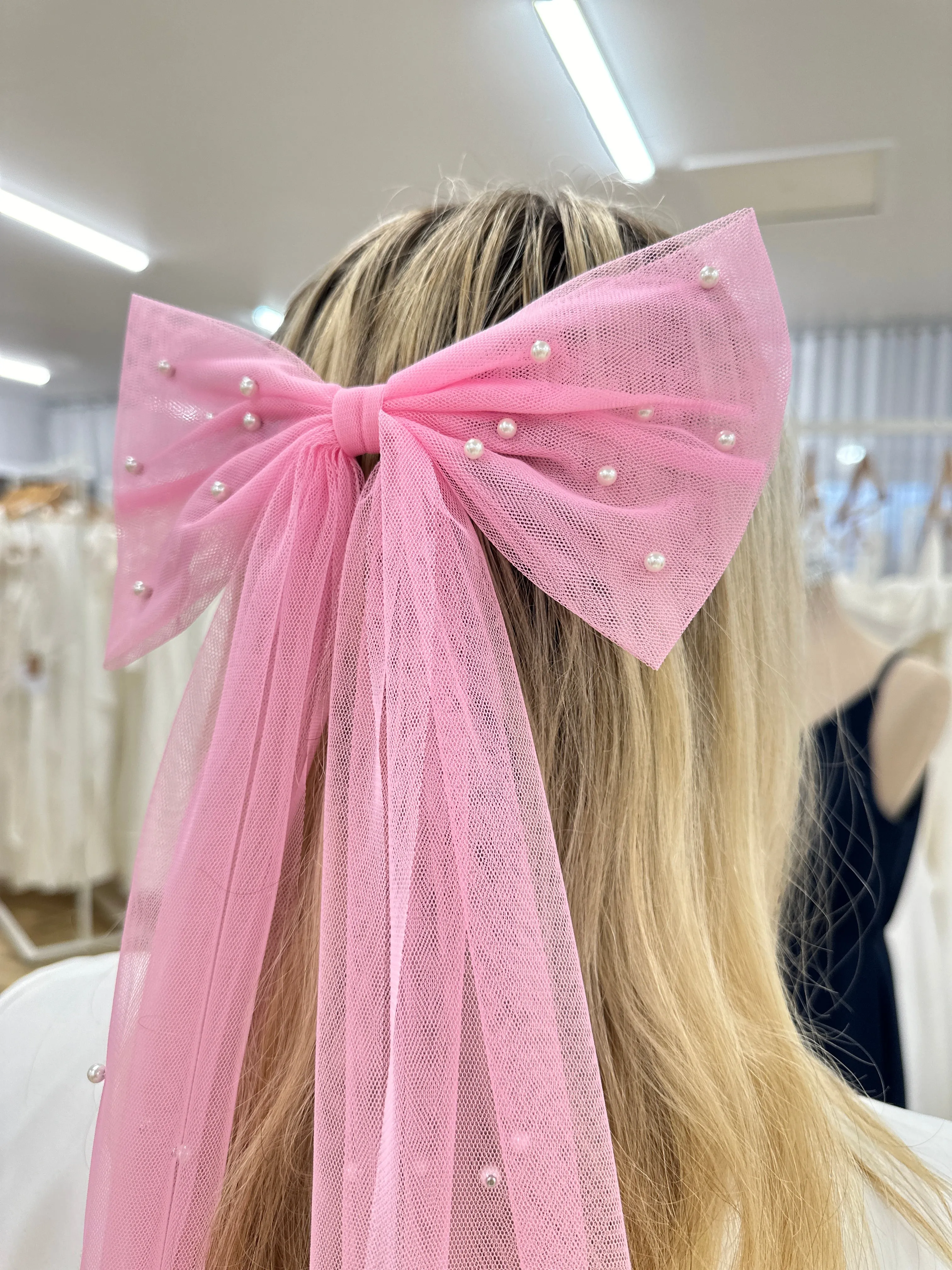 Pink Tulle And Pearl Bow Hair Clip