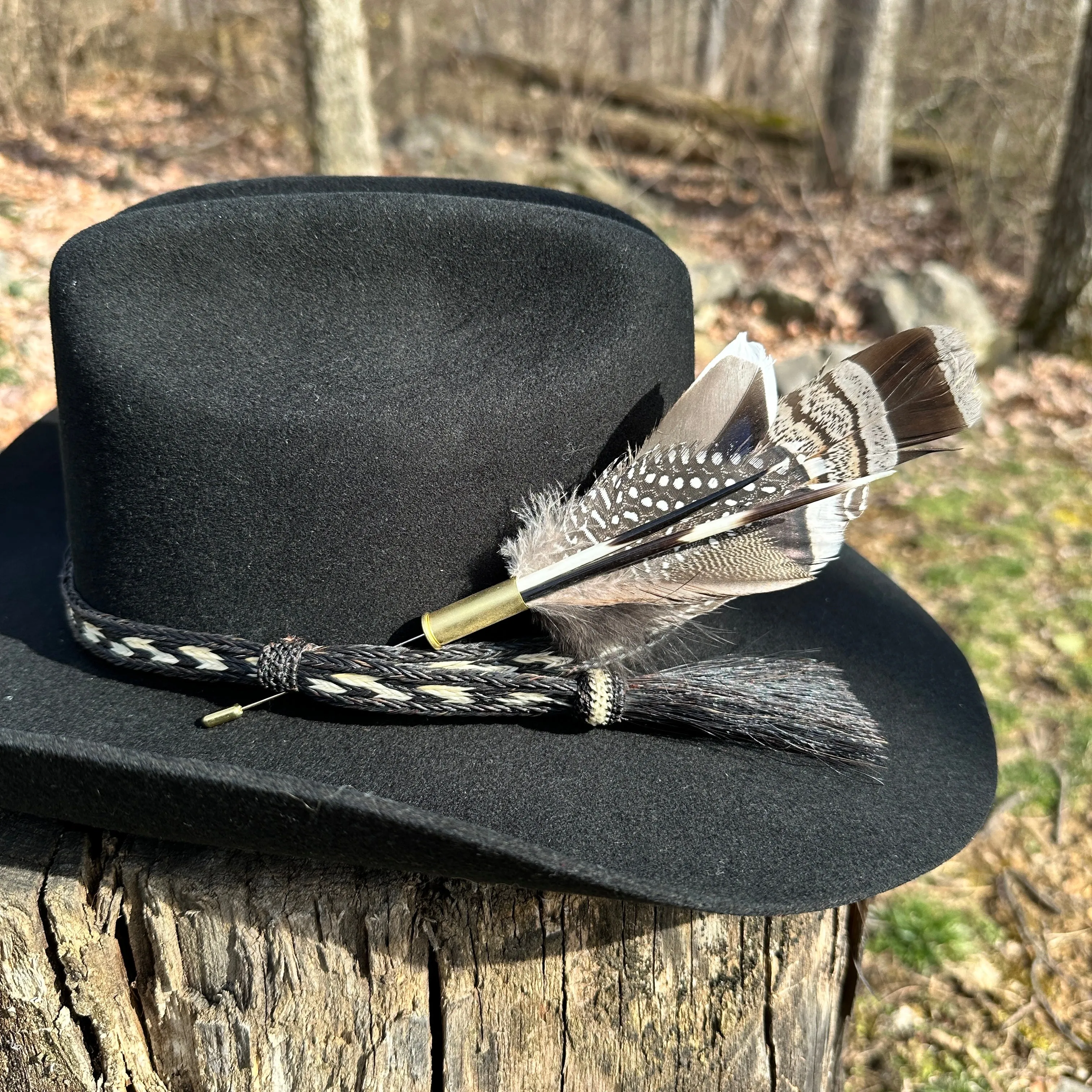 Porcupine Quill Bullet Casing and Feather Hat Pin for Cowgirls