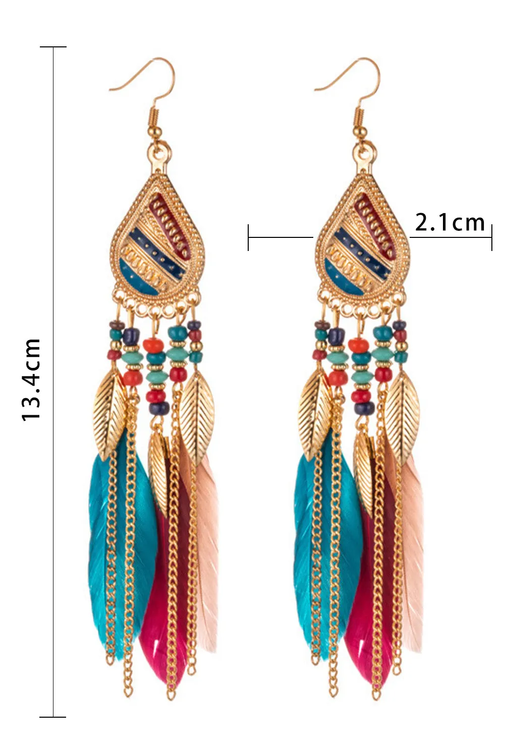 Red Bohemian Feathered Beaded Tassel Hook Earrings