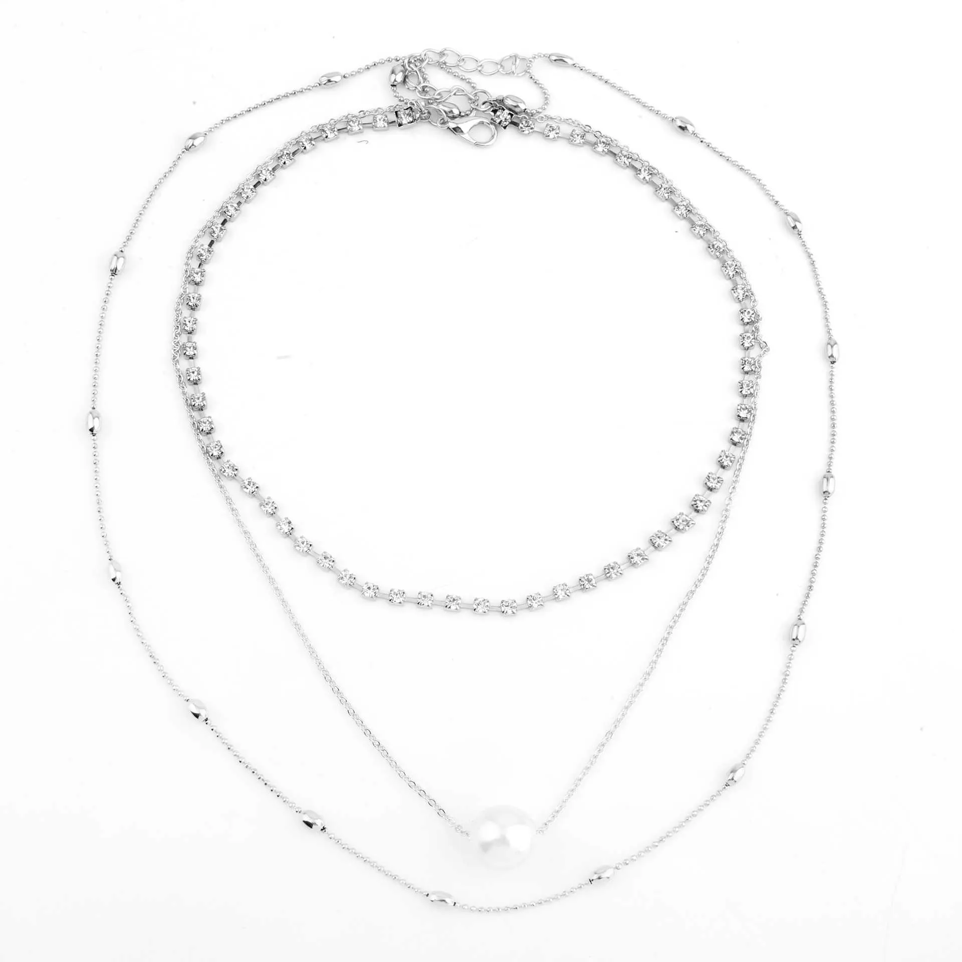 Silver Diamond Pendant Necklace Layered Long Necklace Pearl Choker