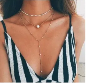 Silver Diamond Pendant Necklace Layered Long Necklace Pearl Choker