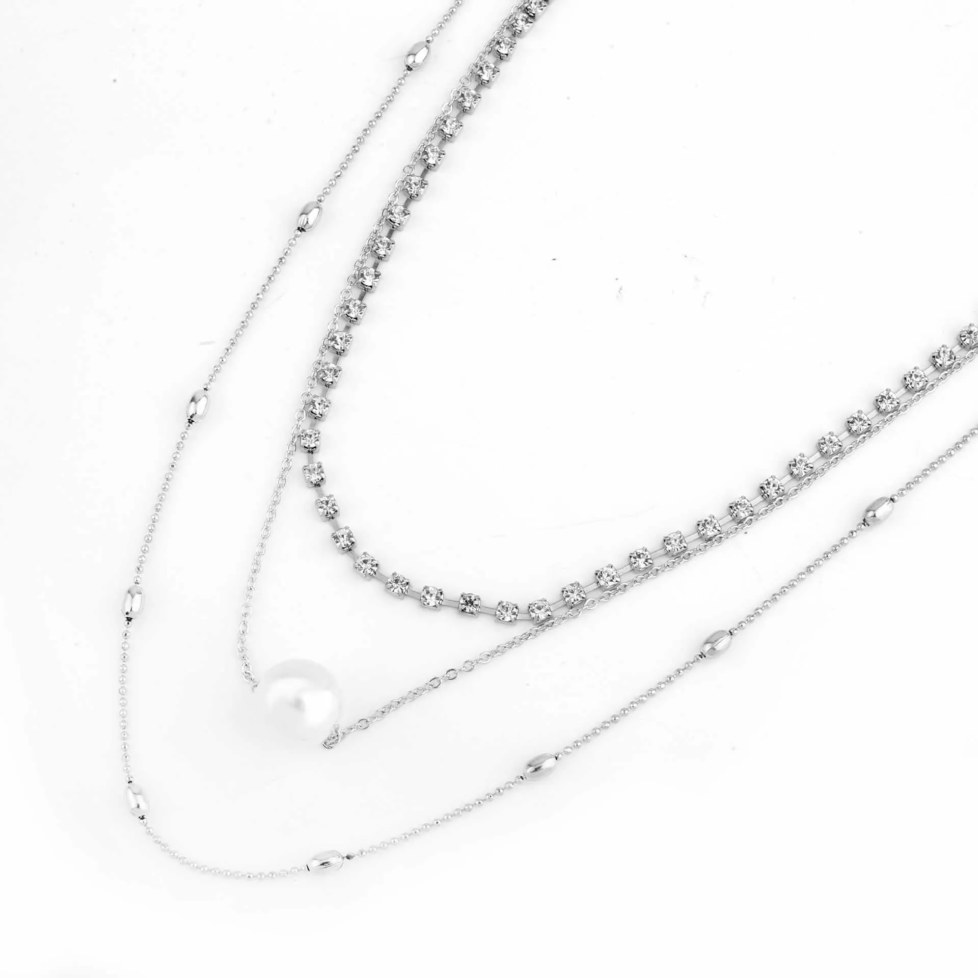 Silver Diamond Pendant Necklace Layered Long Necklace Pearl Choker