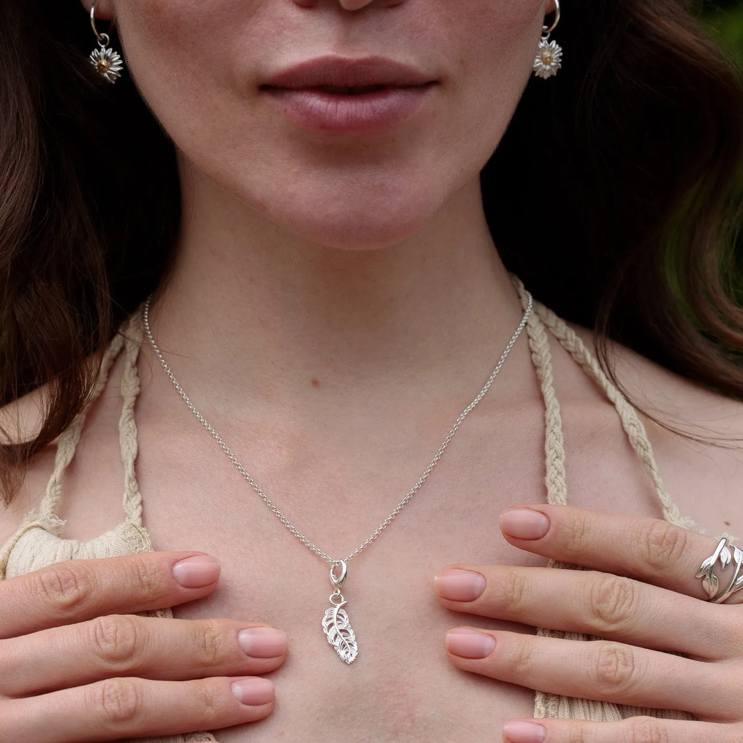 Silver Feather Jewellery Set With Stud Earrings