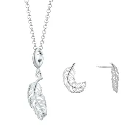 Silver Feather Jewellery Set With Stud Earrings