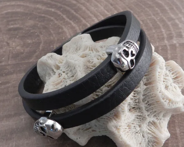 Skull Beads on Leather Bracelet with magnetic clasp