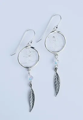 Sterling Silver Dream Catcher Earrings - Swarovski Crystal with Feather