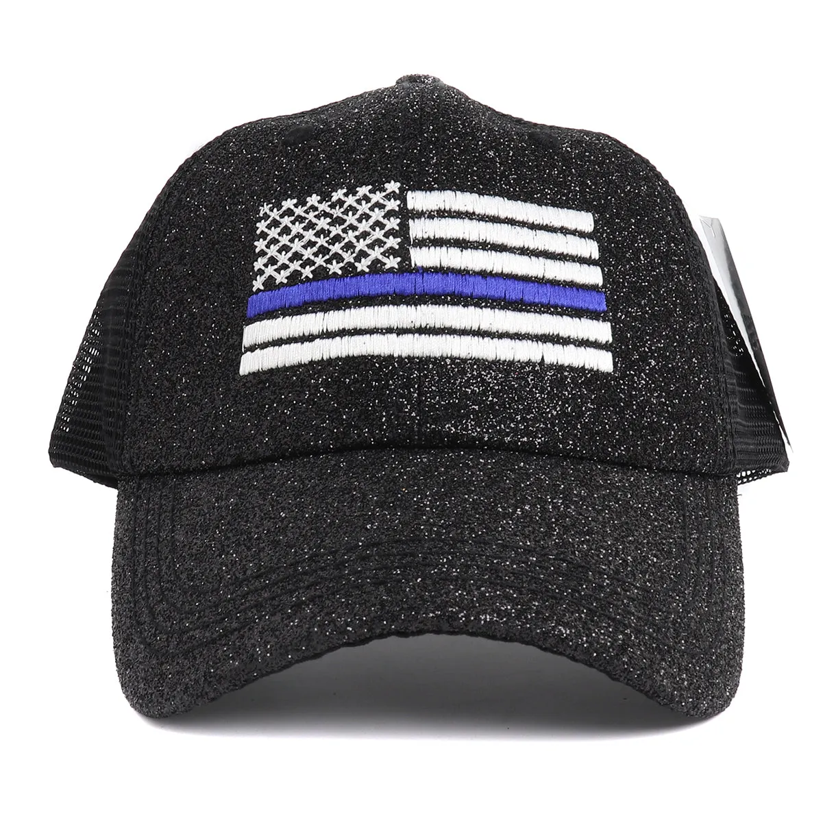 Thin Blue Line American White Flag Women's Ponytail Mesh Glitter Hat