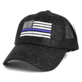 Thin Blue Line American White Flag Women's Ponytail Mesh Glitter Hat