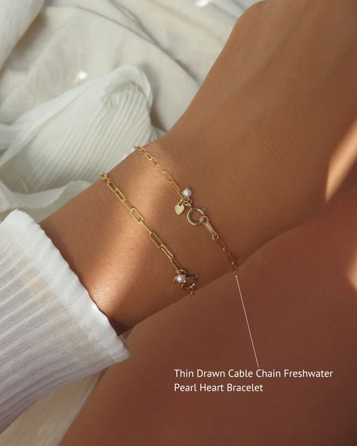 Thin Drawn Cable Chain Freshwater Pearl Heart Bracelet