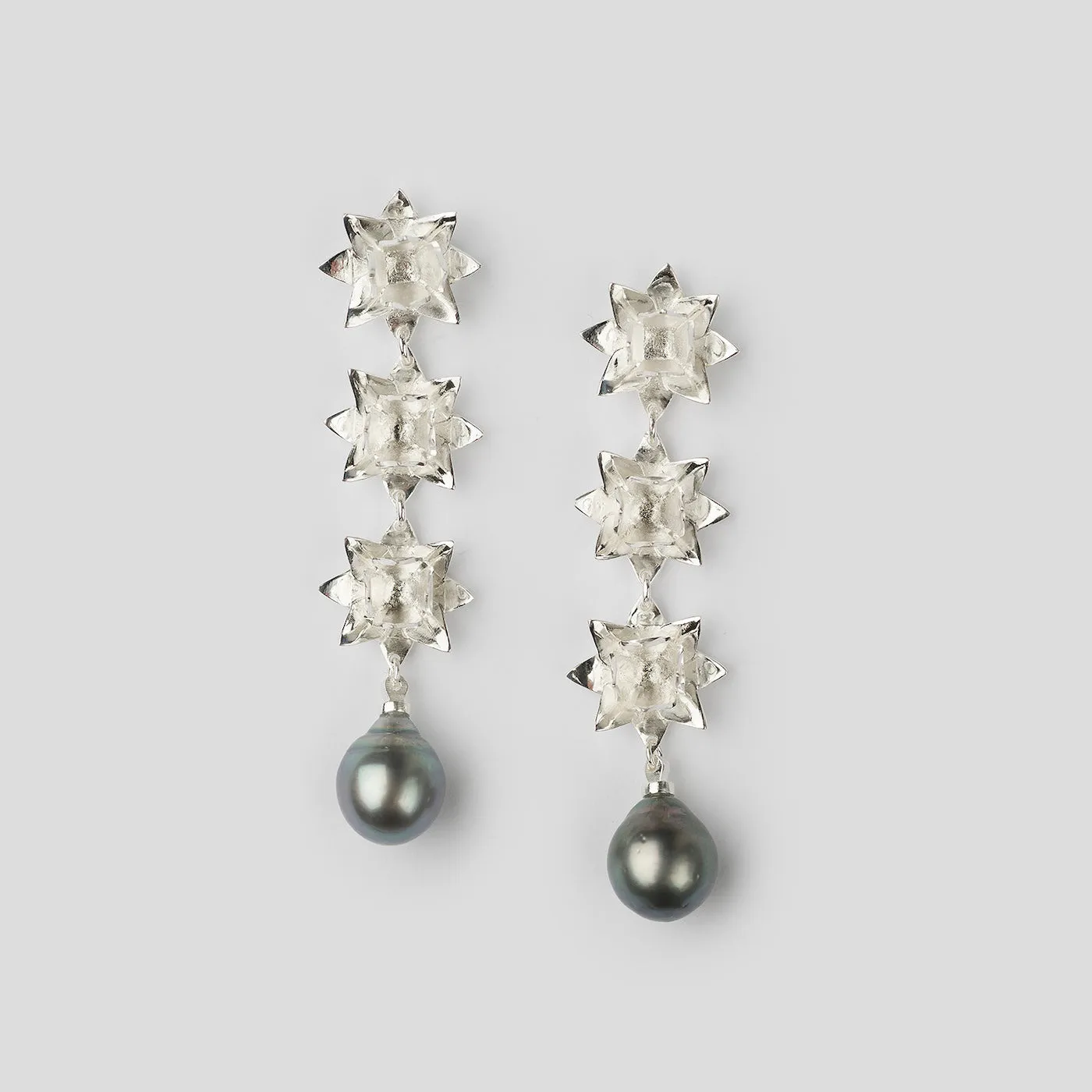 Triple Lotus Tahitian Pearl Earrings - Silver