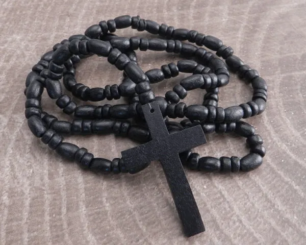 Wood Bead Rosary Necklace Black