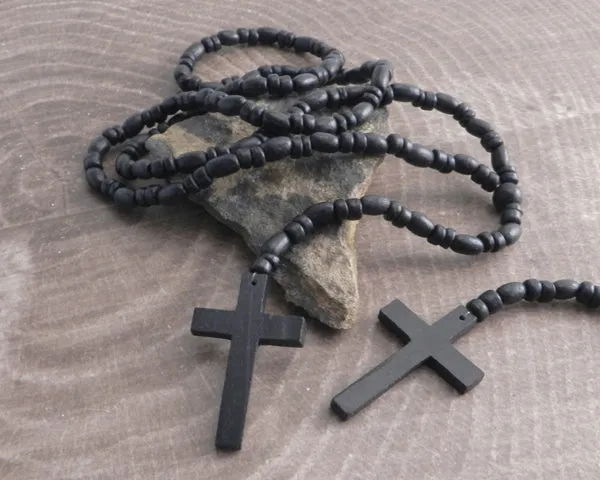 Wood Bead Rosary Necklace Black