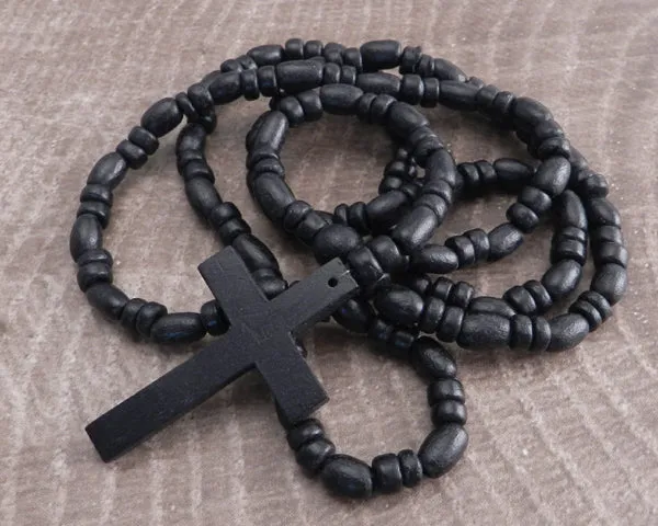 Wood Bead Rosary Necklace Black